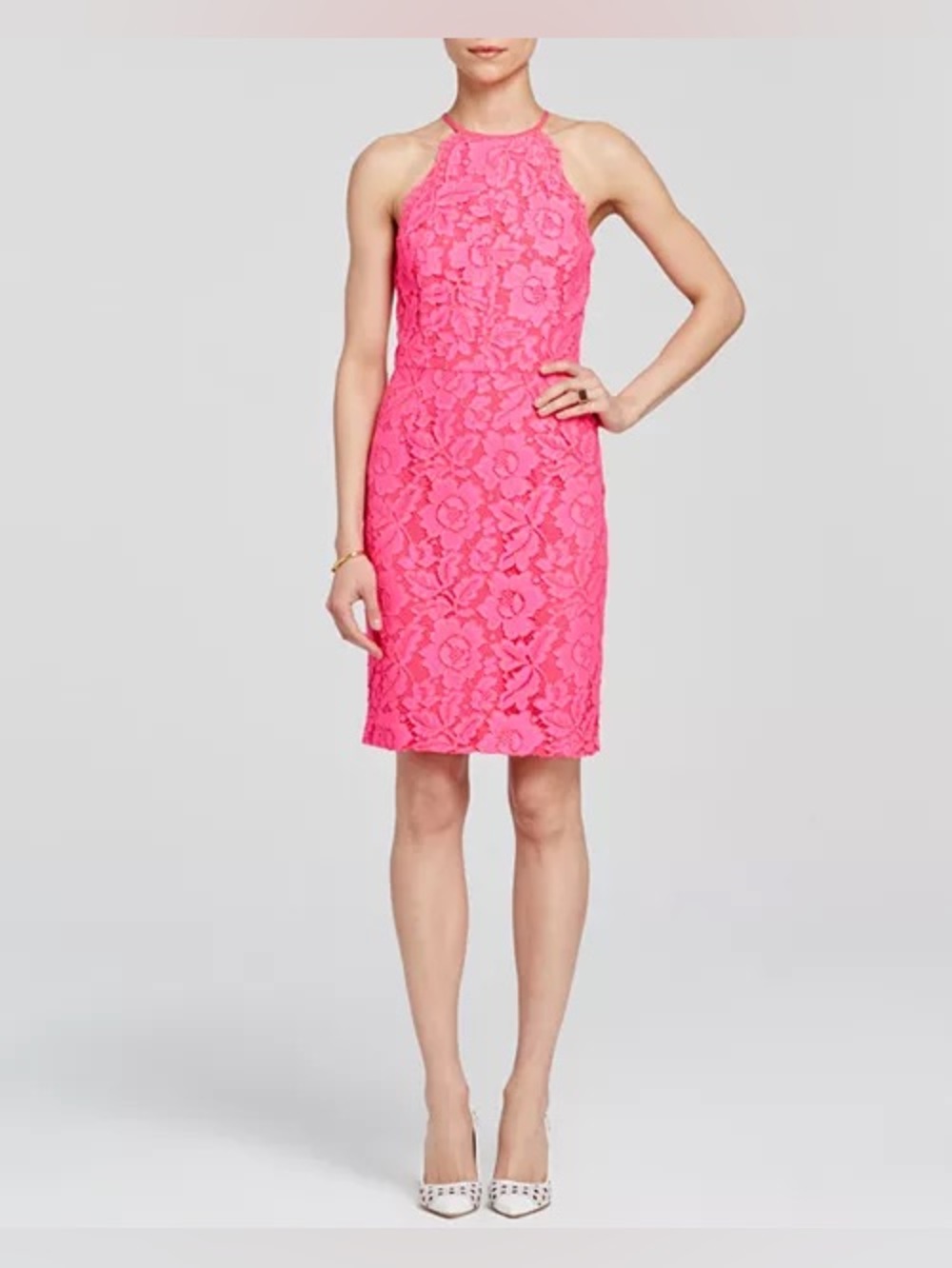 🩷 Trina Turk Fuchsia Lace Sheath Dress ✨ Sleeveless High Neck Racerback Size S - Picture 2 of 6